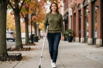 Femme marchant avec une béquille en toute confiance sur un trottoir urbain en automne lors de sa rééducation