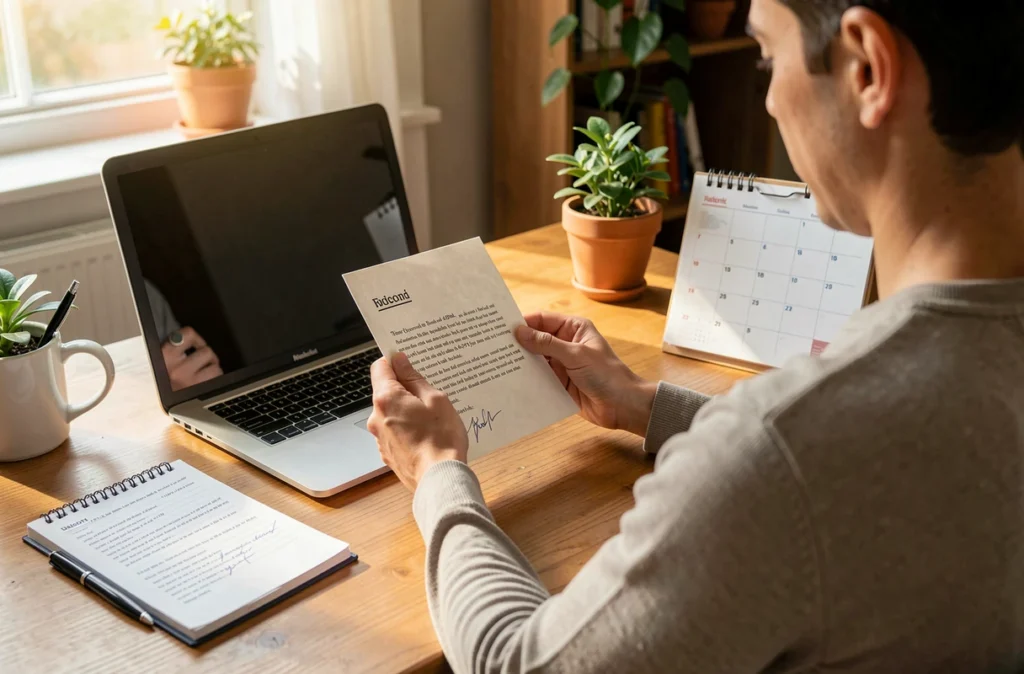 Personne lisant un courrier devant son ordinateur à son bureau